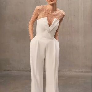 Women's White Mesh Imitation Pearls Strapless Wide-Leg Jumpsuit